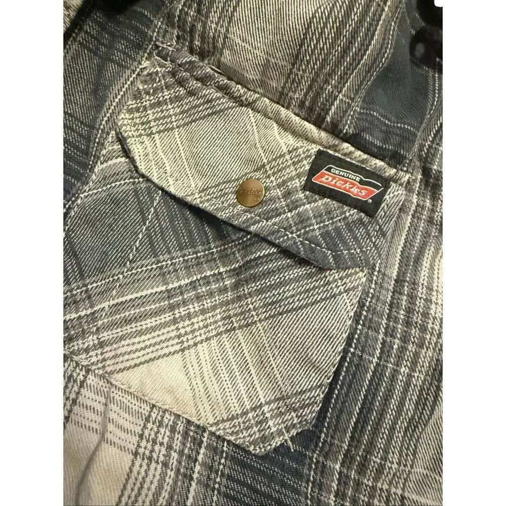 Dickies Relaxed Fit Flannel Hooded Shirt Jacket Black Gray Plaid Pattern 2XL